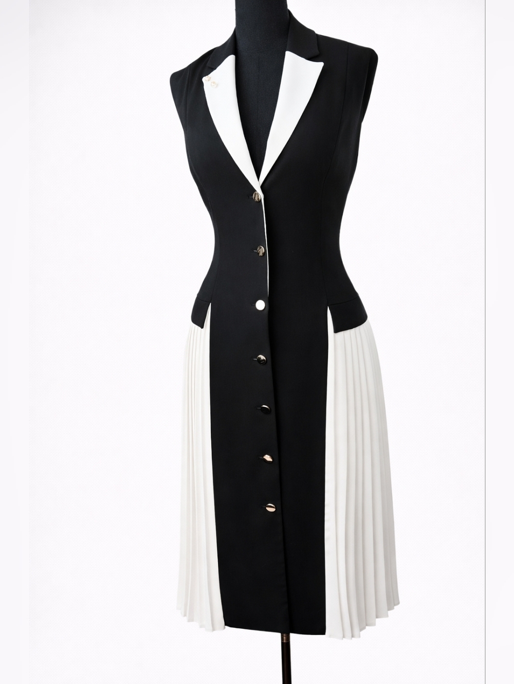 JOSEPH & EREN Paris Black White Pleated Dress Contrast Lapel Button Front US 10 - Picture 11 of 15
